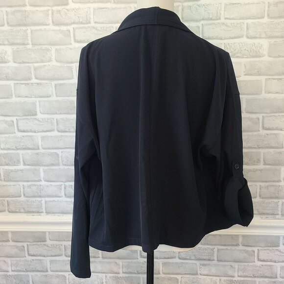Max Studio London Twill Drape Front Short Jacket NEW Lg $118 Navy Classic Staple - Picture 3 of 7
